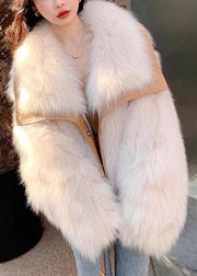 Elegant Beige Peter Pan Collar Button Leather And Fur Coats Spring