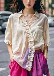 Elegant Beige Peter Pan Collar Pockets Cotton Shirt Summer