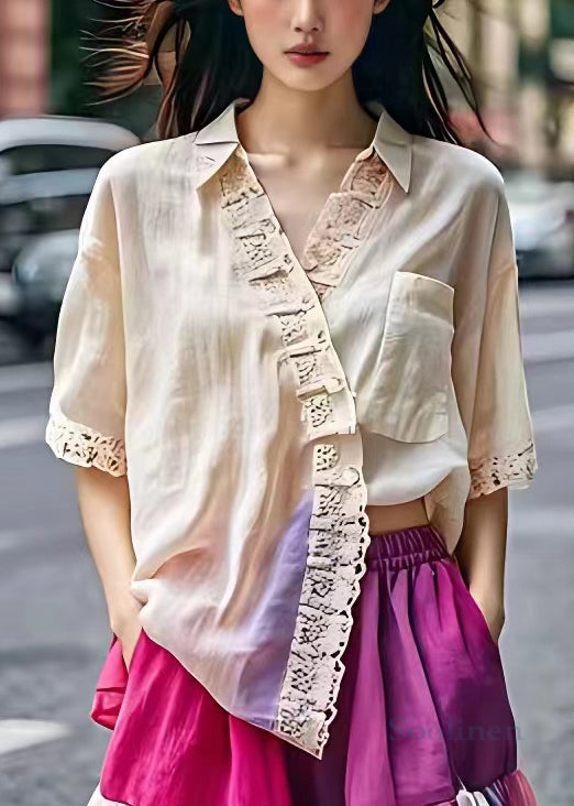 Elegant Beige Peter Pan Collar Pockets Cotton Shirt Summer