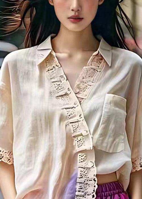 Elegant Beige Peter Pan Collar Pockets Cotton Shirt Summer