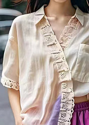 Elegant Beige Peter Pan Collar Pockets Cotton Shirt Summer