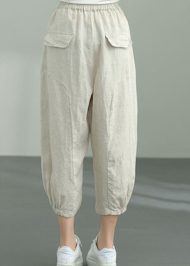 Elegant Beige Pockets Patchwork Linen Lantern Pants Summer