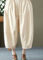 Elegant Beige Pockets Wrinkled Patchwork Linen Crop Pants Summer