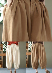 Elegant Beige Pockets Wrinkled Patchwork Linen Crop Pants Summer