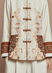 Elegant Beige Print Stand Collar Fall Coats