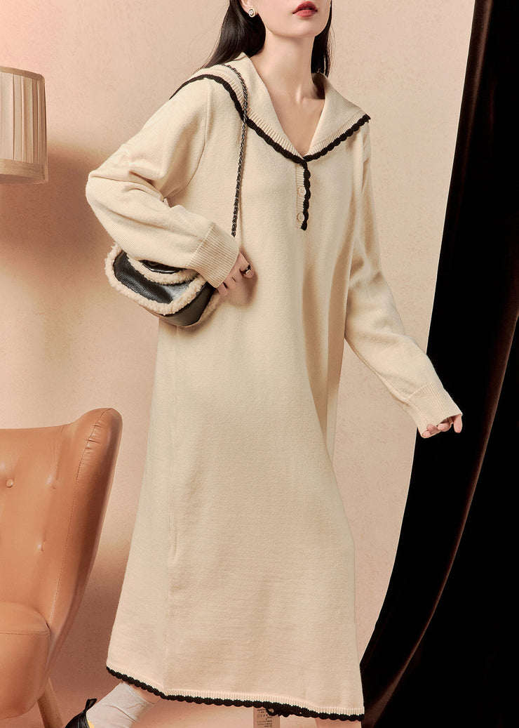 Elegant Beige Sailor Collar Button Knit Dress Winter