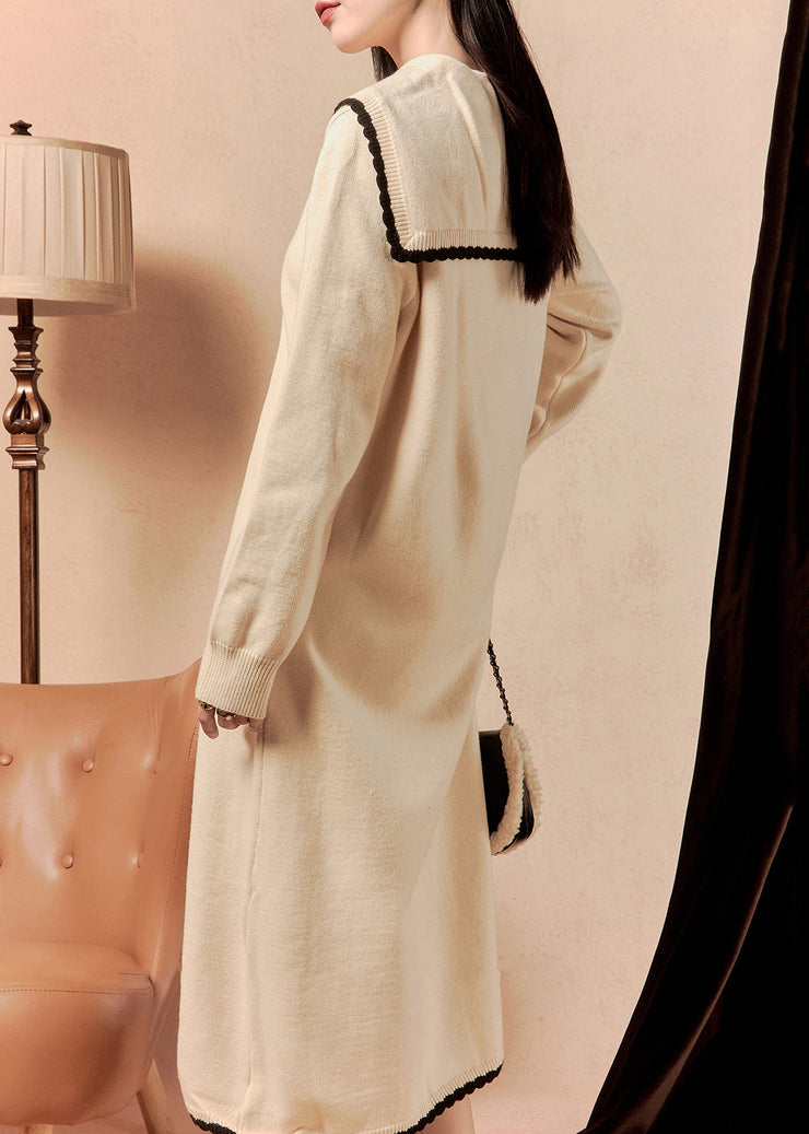 Elegant Beige Sailor Collar Button Knit Dress Winter