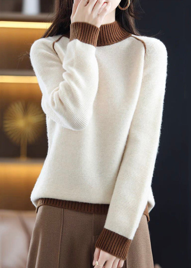 Elegant Brown Turtleneck Cozy Patchwork Wool Knit Sweaters