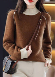 Elegant Beige Turtleneck Cozy Patchwork Wool Knit Sweaters Fall