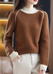 Elegant Beige Turtleneck Cozy Patchwork Wool Knit Sweaters Fall