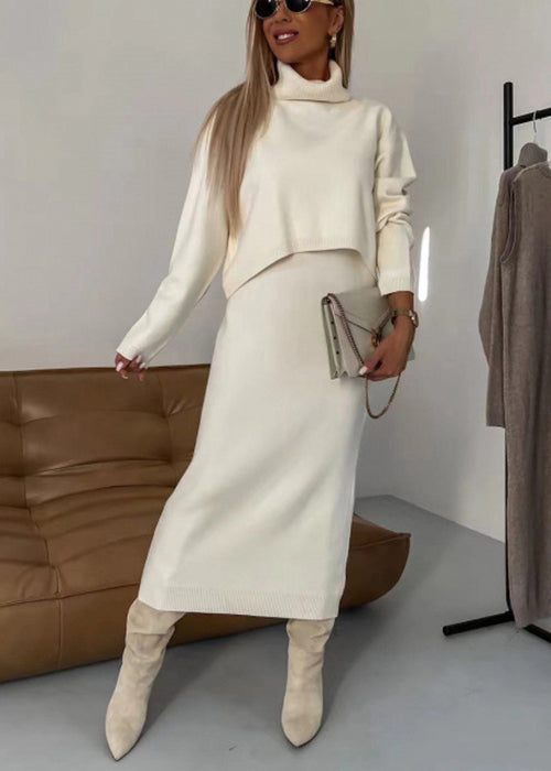 Elegant Beige Turtleneck Sweaters And Skirts Knit Two Piece Set Spring