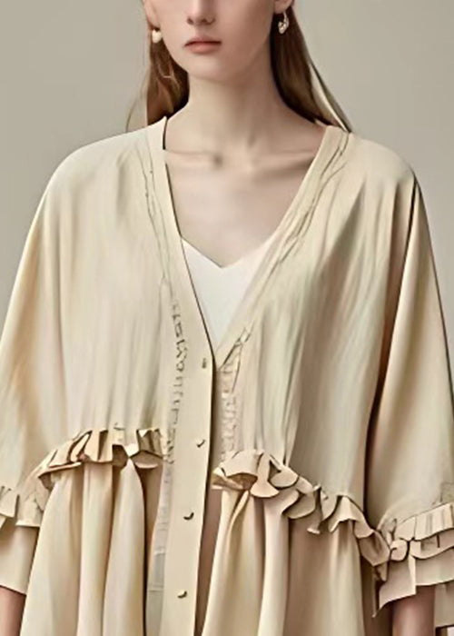 Elegant Beige V Neck Button Ruffled Cotton Coat Butterfly Sleeve