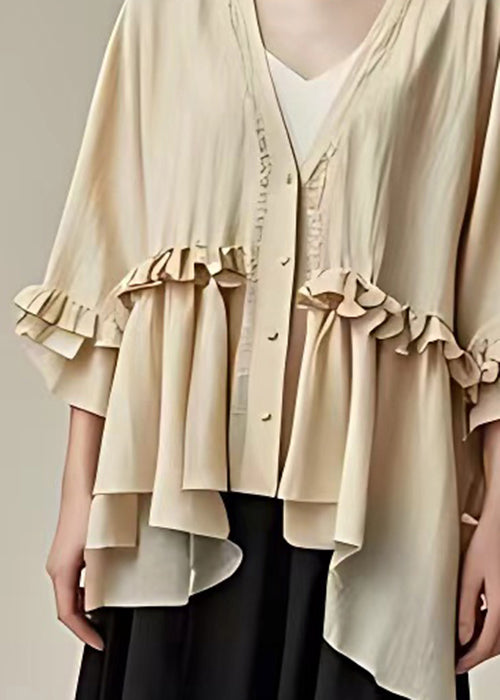 Elegant Beige V Neck Button Ruffled Cotton Coat Butterfly Sleeve