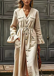 Elegant Beige V Neck Drawstring Pockets Cotton Dresses Long Sleeve