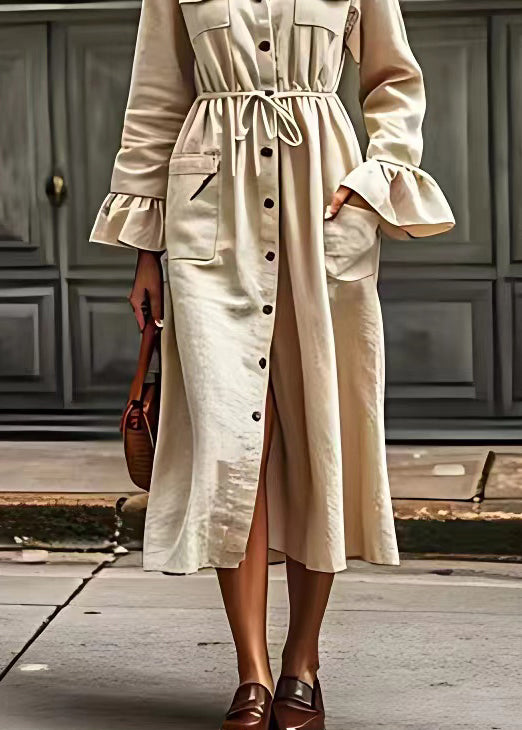 Elegant Beige V Neck Drawstring Pockets Cotton Dresses Long Sleeve