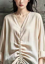 Elegant Beige V Neck Lace Up Cotton Top Butterfly Sleeve