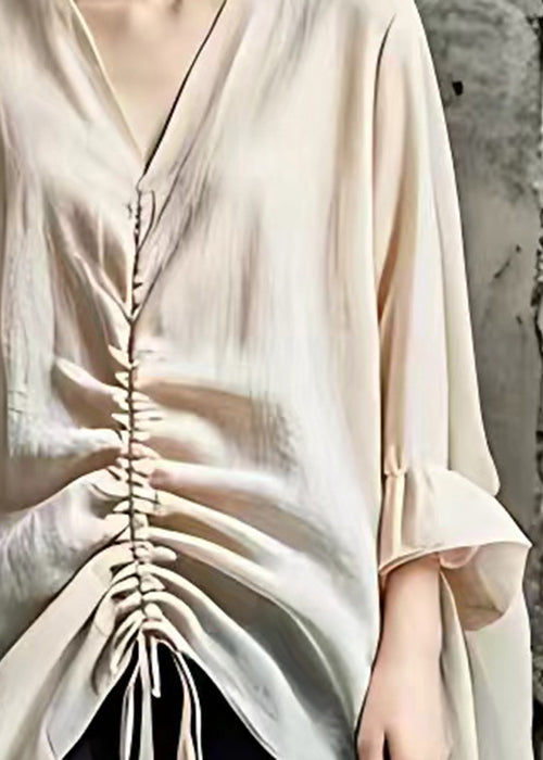 Elegant Beige V Neck Lace Up Cotton Top Butterfly Sleeve