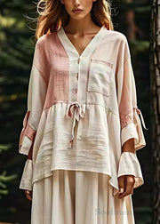 Elegant Beige V Neck Lace Up Patchwork Cotton Tops Fall