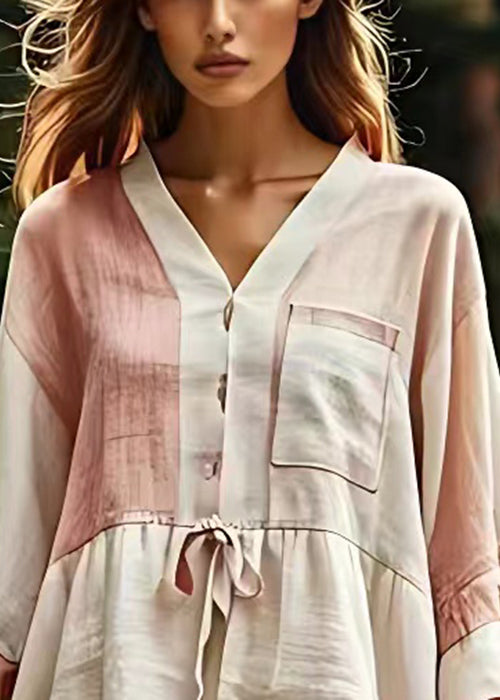 Elegant Beige V Neck Lace Up Patchwork Cotton Tops Fall