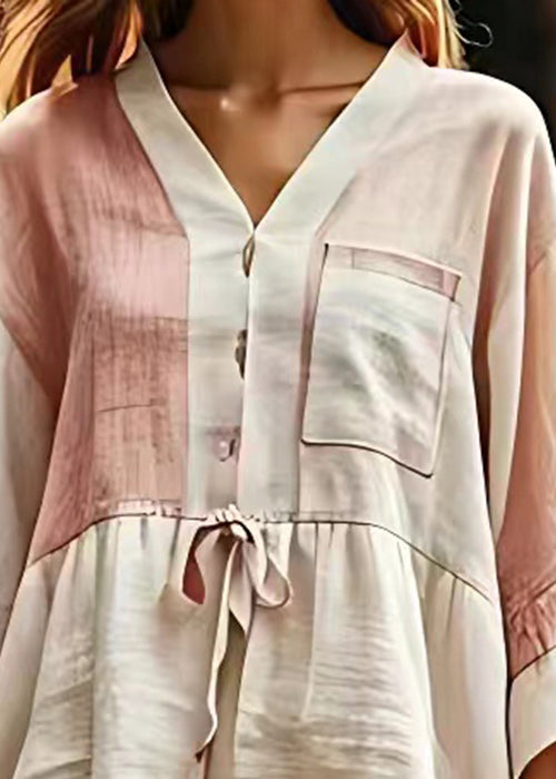 Elegant Beige V Neck Lace Up Patchwork Cotton Tops Fall