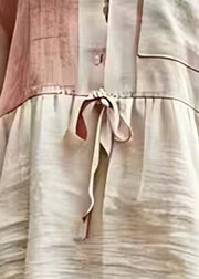 Elegant Beige V Neck Lace Up Patchwork Cotton Tops Fall