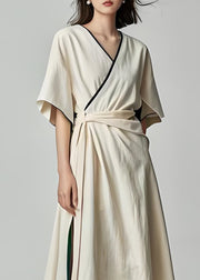 Elegant Beige V Neck Patchwork Cotton Dress Summer