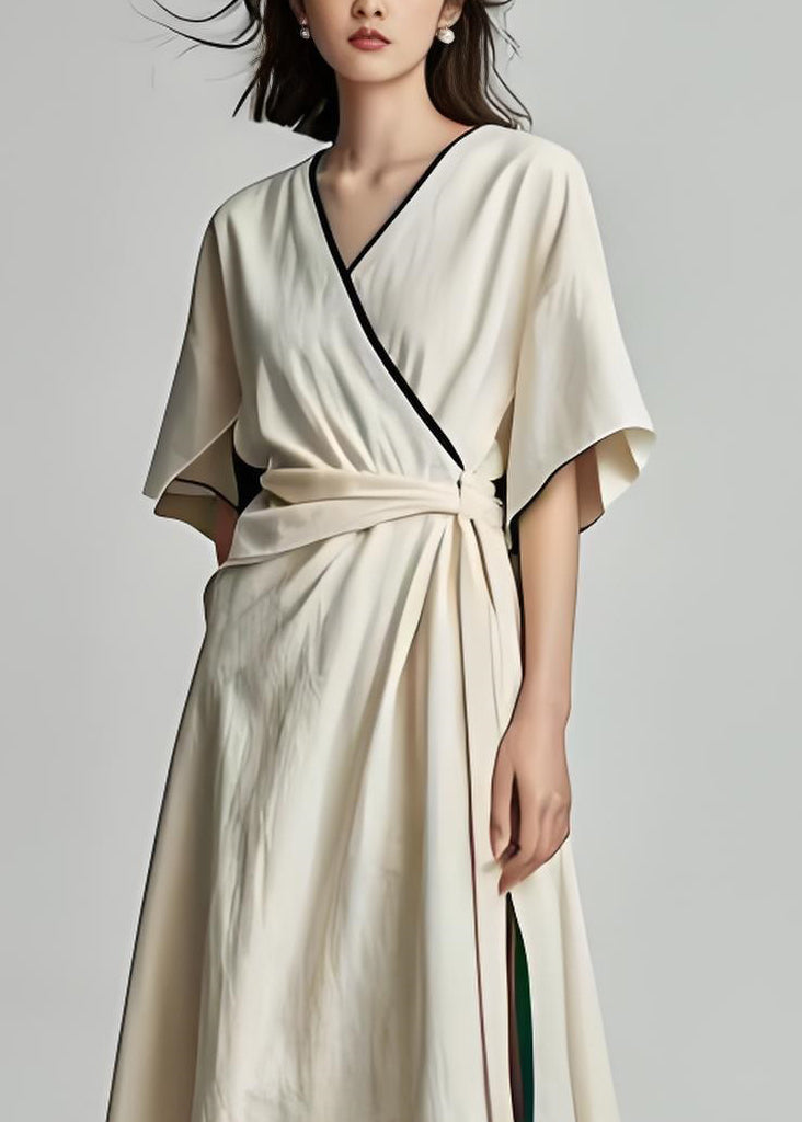 Elegant Beige V Neck Patchwork Cotton Dress Summer