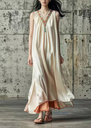 Elegant Beige V Neck Patchwork Silk Long Dress Sleeveless