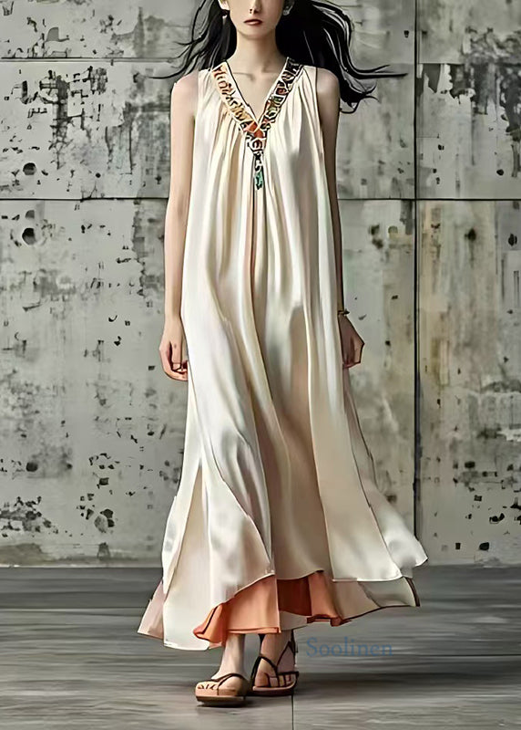 Elegant Beige V Neck Patchwork Silk Long Dress Sleeveless