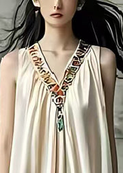 Elegant Beige V Neck Patchwork Silk Long Dress Sleeveless