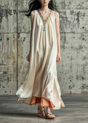 Elegant Beige V Neck Patchwork Silk Long Dress Sleeveless