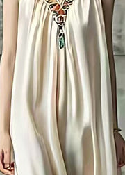 Elegant Beige V Neck Patchwork Silk Long Dress Sleeveless