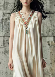 Elegant Beige V Neck Patchwork Silk Long Dress Sleeveless