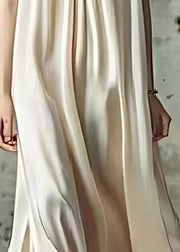 Elegant Beige V Neck Patchwork Silk Long Dress Sleeveless