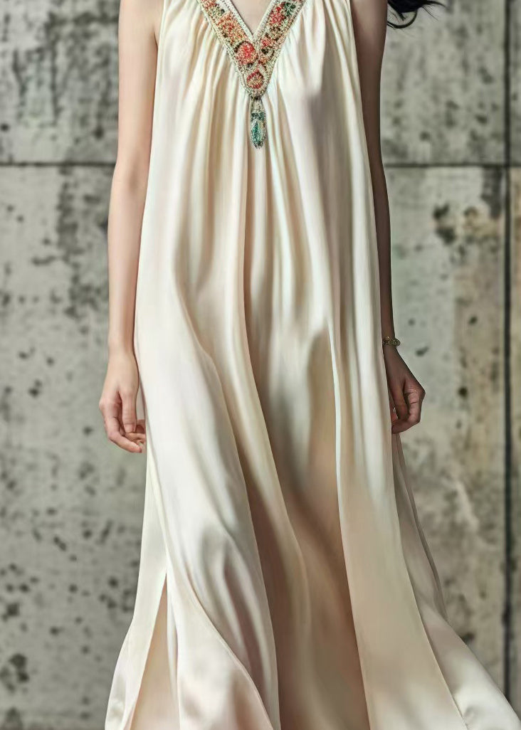 Elegant Beige V Neck Patchwork Silk Long Dress Sleeveless