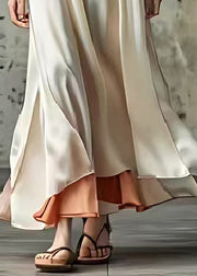 Elegant Beige V Neck Patchwork Silk Long Dress Sleeveless