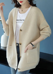 Elegant Beige V Neck Pockets Patchwork Cashmere Loose Coat Fall