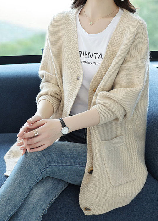 Elegant Beige V Neck Pockets Patchwork Cashmere Loose Coat Fall