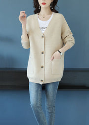 Elegant Beige V Neck Pockets Patchwork Cashmere Loose Coat Fall