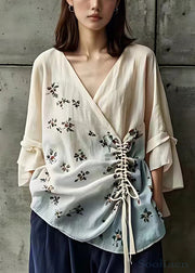 Elegant Beige V Neck Print Lace Up Cotton Shirts Fall