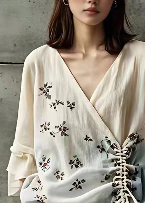 Elegant Beige V Neck Print Lace Up Cotton Shirts Fall