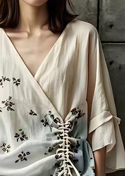 Elegant Beige V Neck Print Lace Up Cotton Shirts Fall
