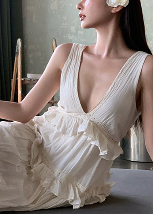 Elegant Beige V Neck Ruffled Solid Cotton Long Dresses Summer