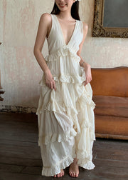 Elegant Beige V Neck Ruffled Solid Cotton Long Dresses Summer