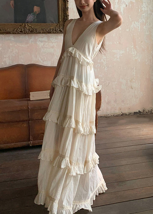 Elegant Beige V Neck Ruffled Solid Cotton Long Dresses Summer