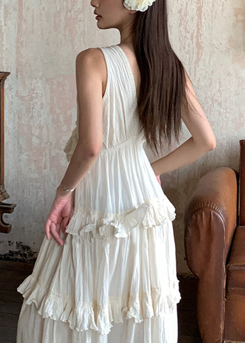 Elegant Beige V Neck Ruffled Solid Cotton Long Dresses Summer