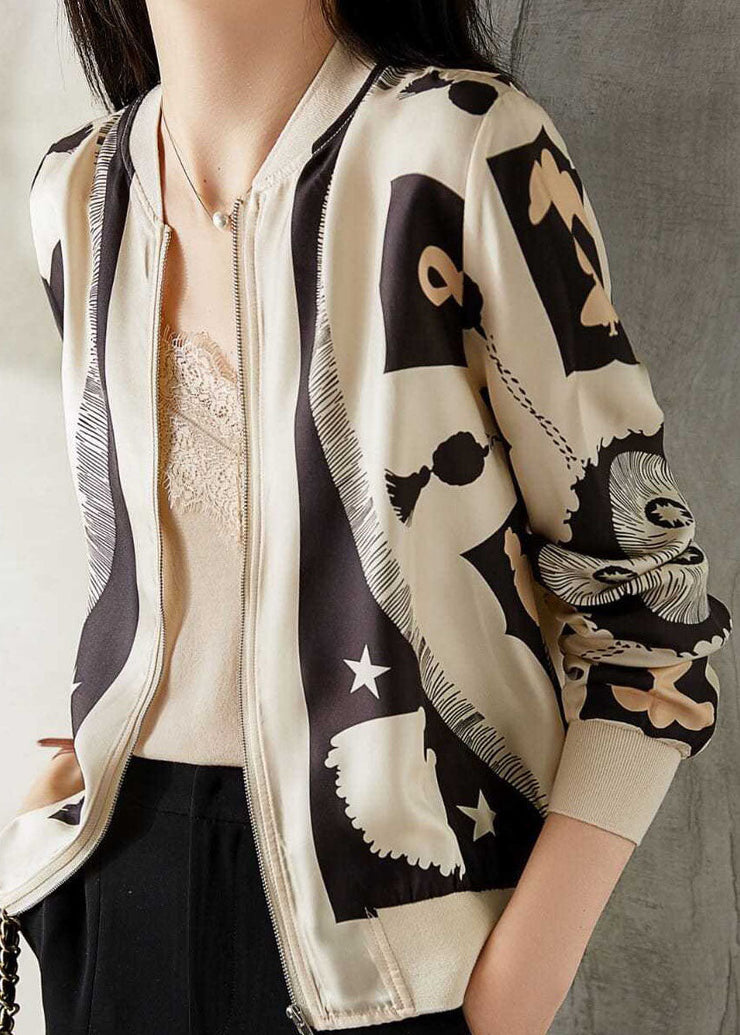 Elegant Beige V Neck Zippered Patchwork Print Silk Coat Spring