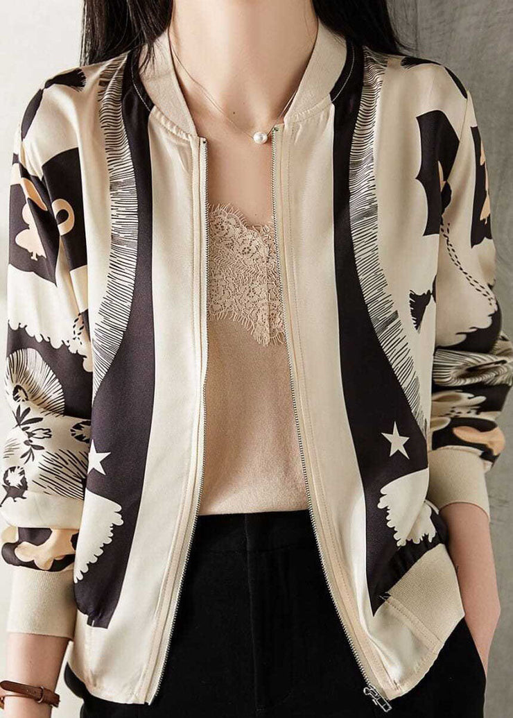 Elegant Beige V Neck Zippered Patchwork Print Silk Coat Spring