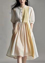 Elegant Beige Wrinkled Pockets Linen Dress Half Sleeve