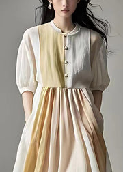 Elegant Beige Wrinkled Pockets Linen Dress Half Sleeve
